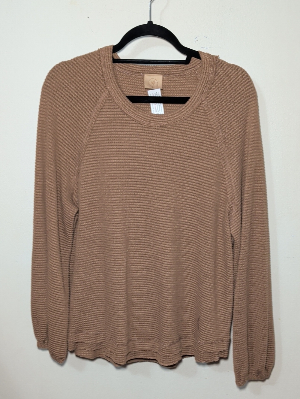 Scrap Work Boutique Crewneck Waffle Knit Long-Sleeve Top Tan NEW Women's Size L
